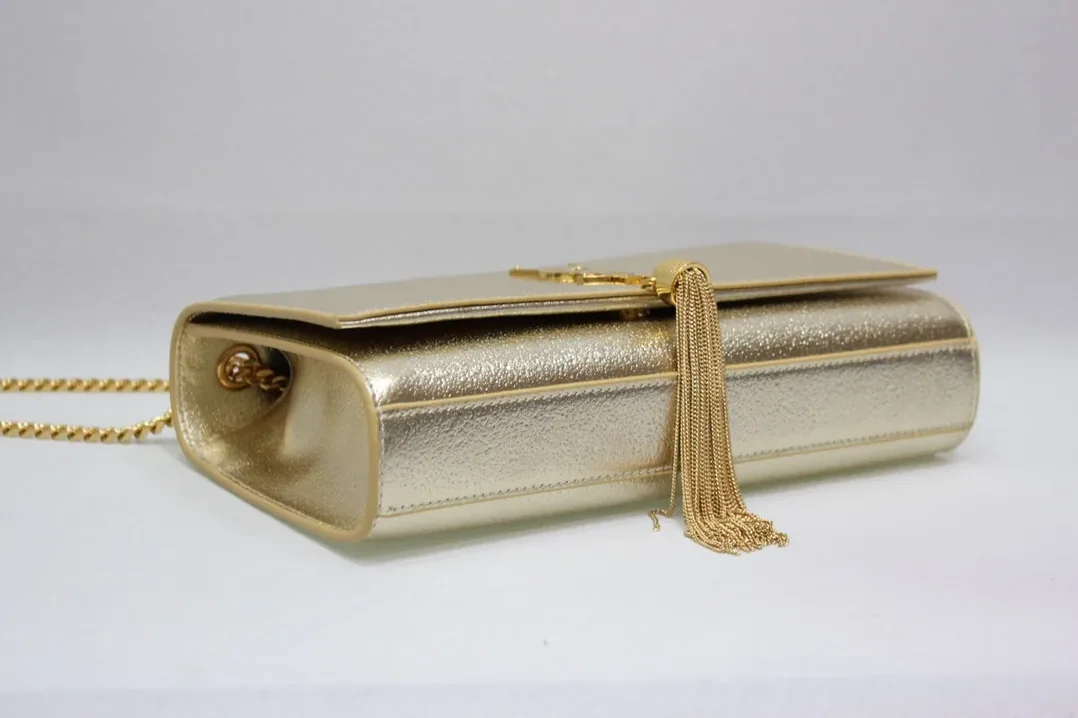 Saint Laurent Kate Chain Wallet With Tassel in Yellow Copper