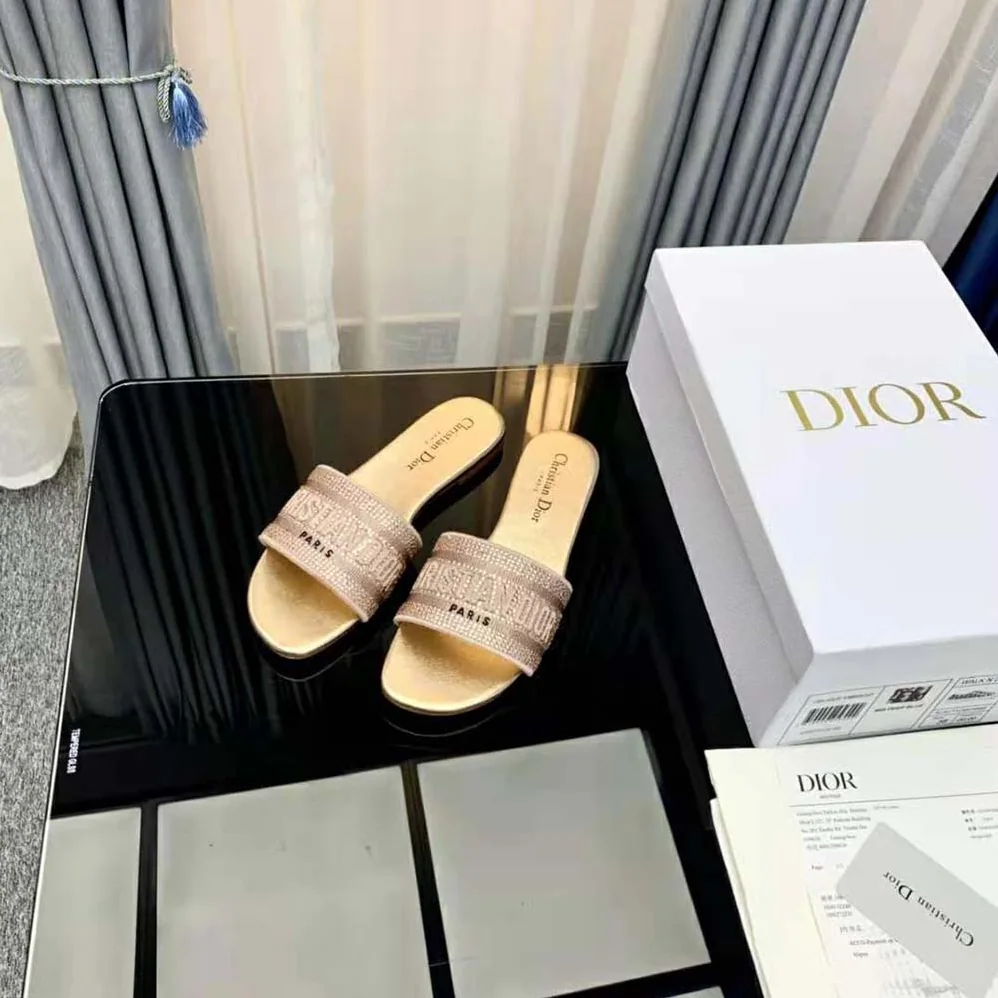 Dior Dway Slide Gold-Tone Cotton Embroidered with Metallic Thread and Strass for Women Dior Dway Slide Gold-Tone Cotton Embroidered with Metallic Thread and Strass for Women
