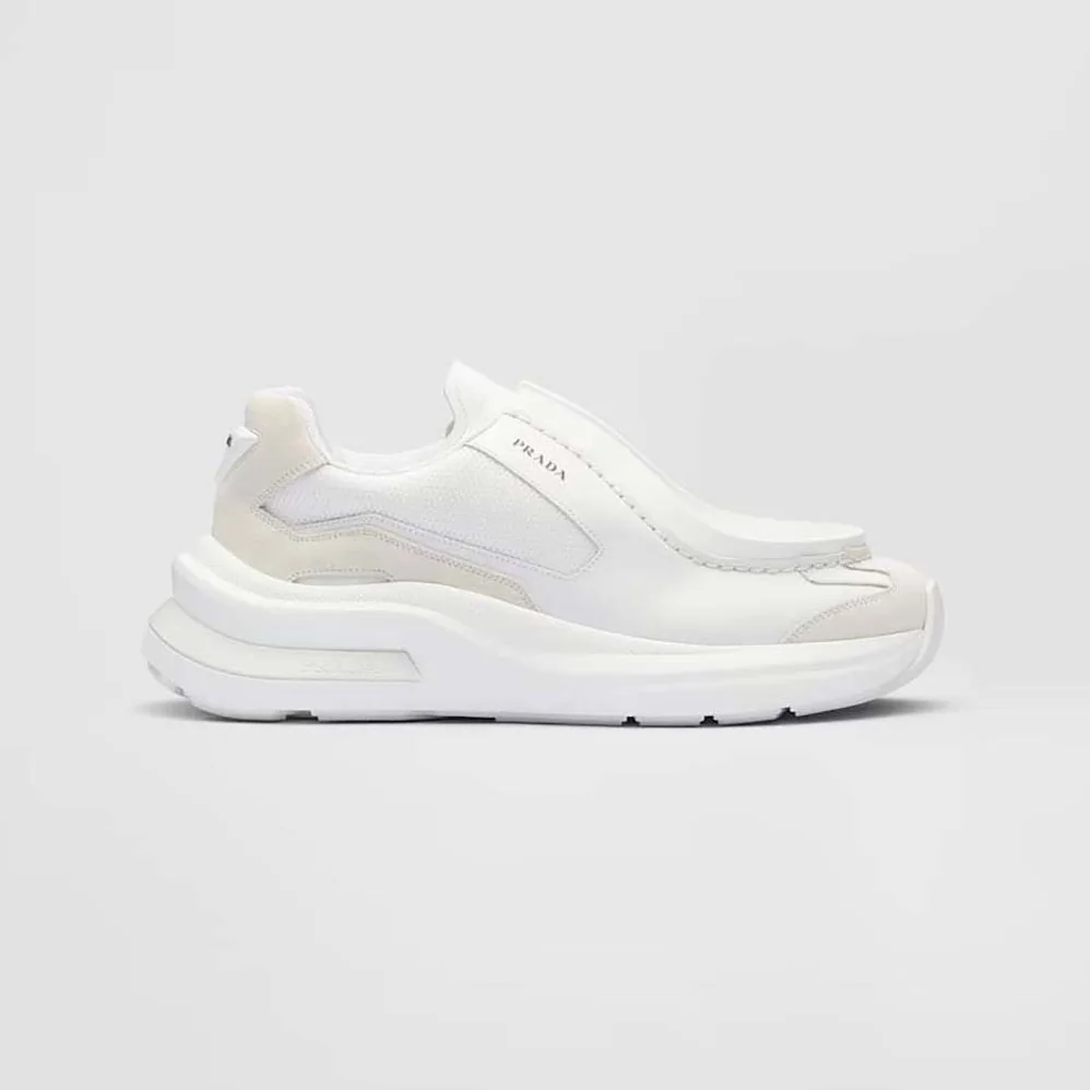 Prada Systeme Brushed Leather Sneakers with Bike Fabric and Suede Elements for Men in White