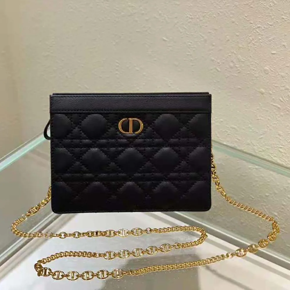 Dior Caro Zipped Pouch with Chain Black Supple Cannage Calfskin for Women