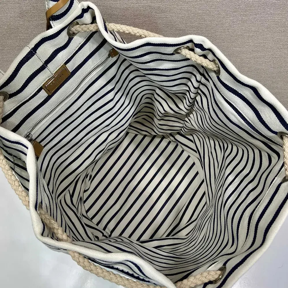 Prada Striped Canvas Drawstring Duffel Bag for Unisex in White