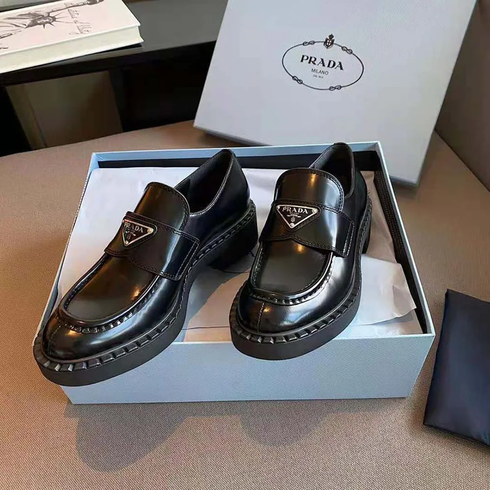 Prada Brushed Leather Loafers for Women in Black