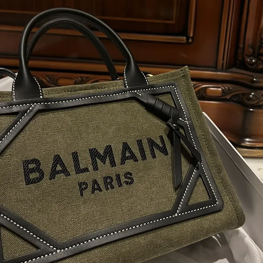 Balmain B-Army Small Canvas Shopping Bag with Leather Inserts for Women Balmain B-Army Small Canvas Shopping Bag with Leather Inserts for Women