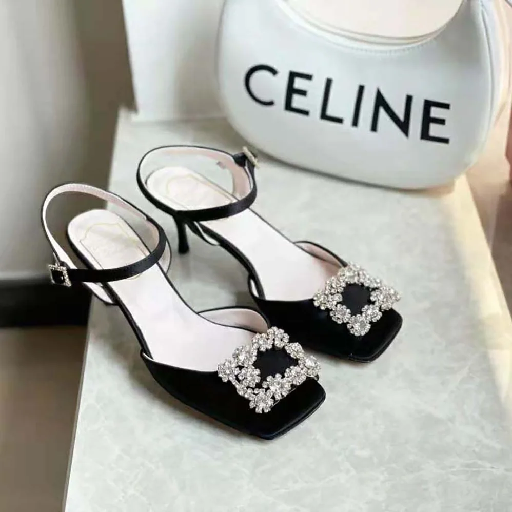 Roger Vivier Flower Strass Buckle Sandals in Satin for Women in Black