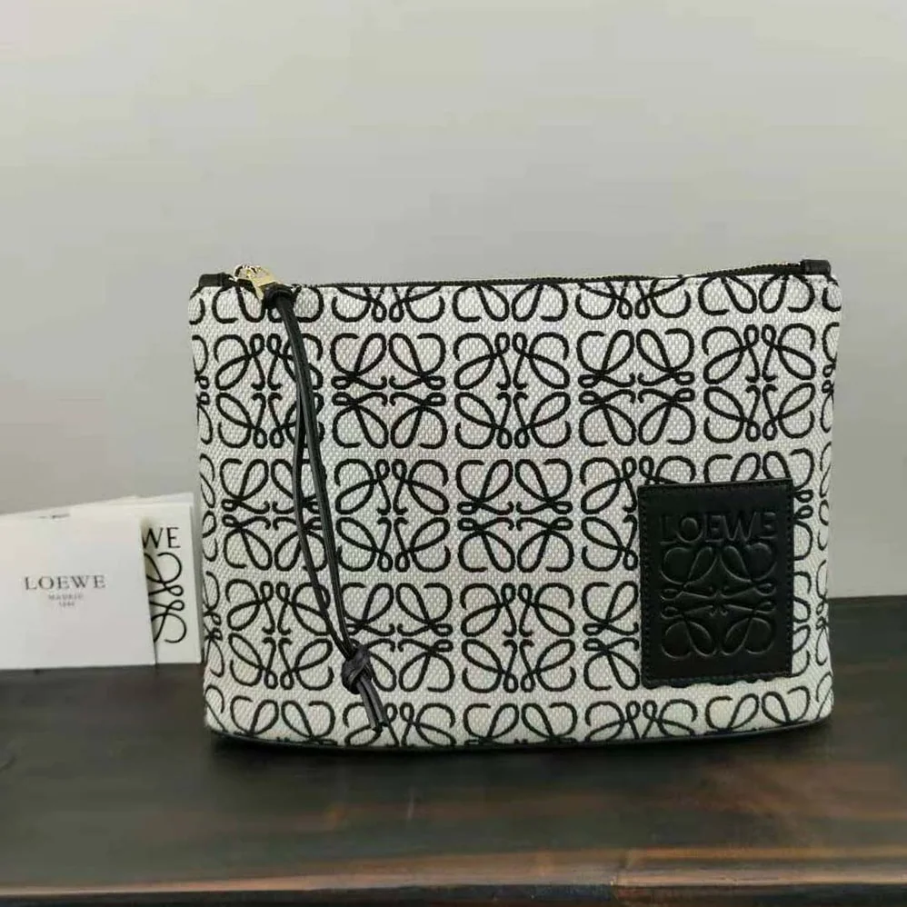 Loewe Oblong Anagram Pouch in Jacquard and Calfskin for Women in Black Loewe Oblong Anagram Pouch in Jacquard and Calfskin for Women in Black