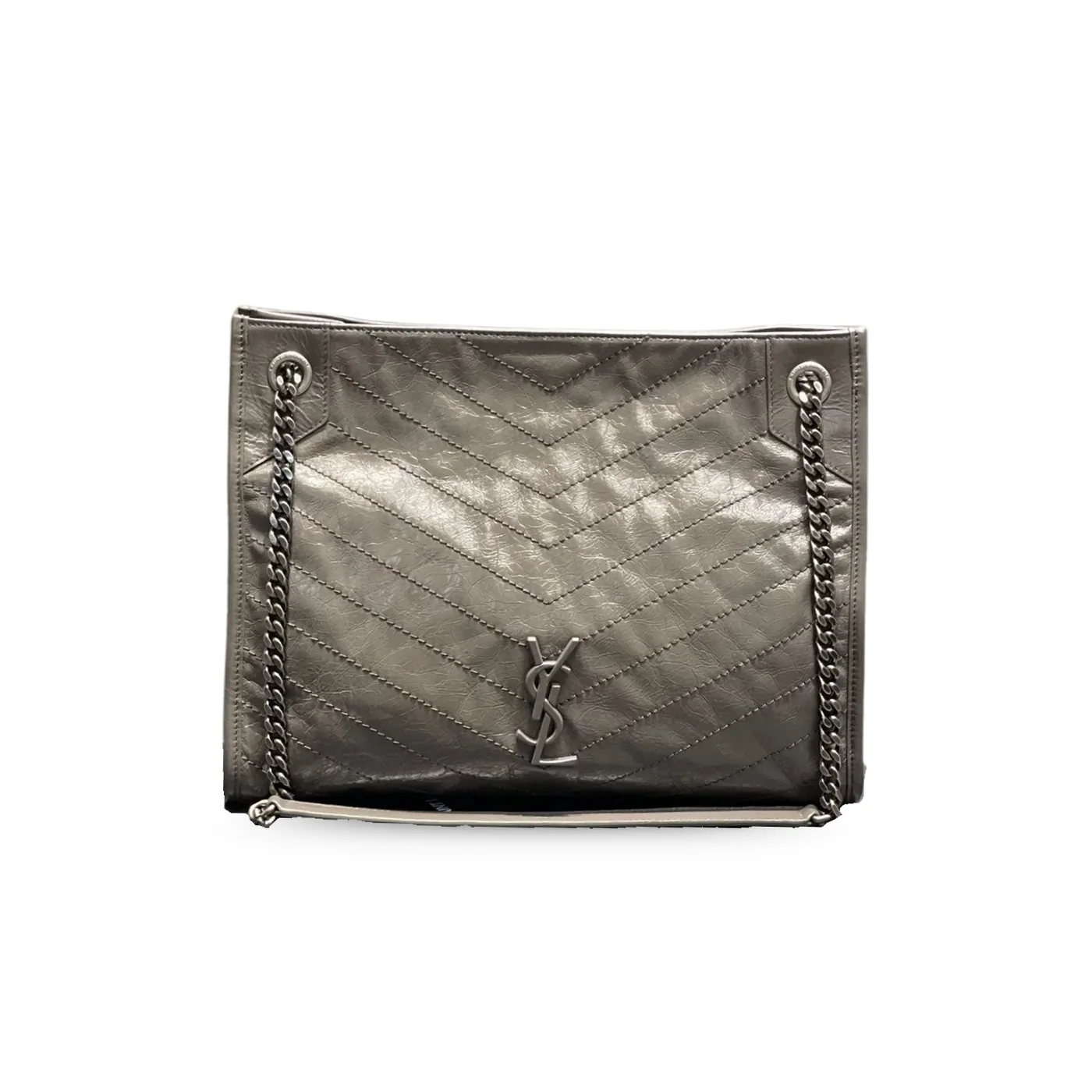Saint Laurent Niki Shopping Medium Tote Bag in Green Khaki Silver Hardware