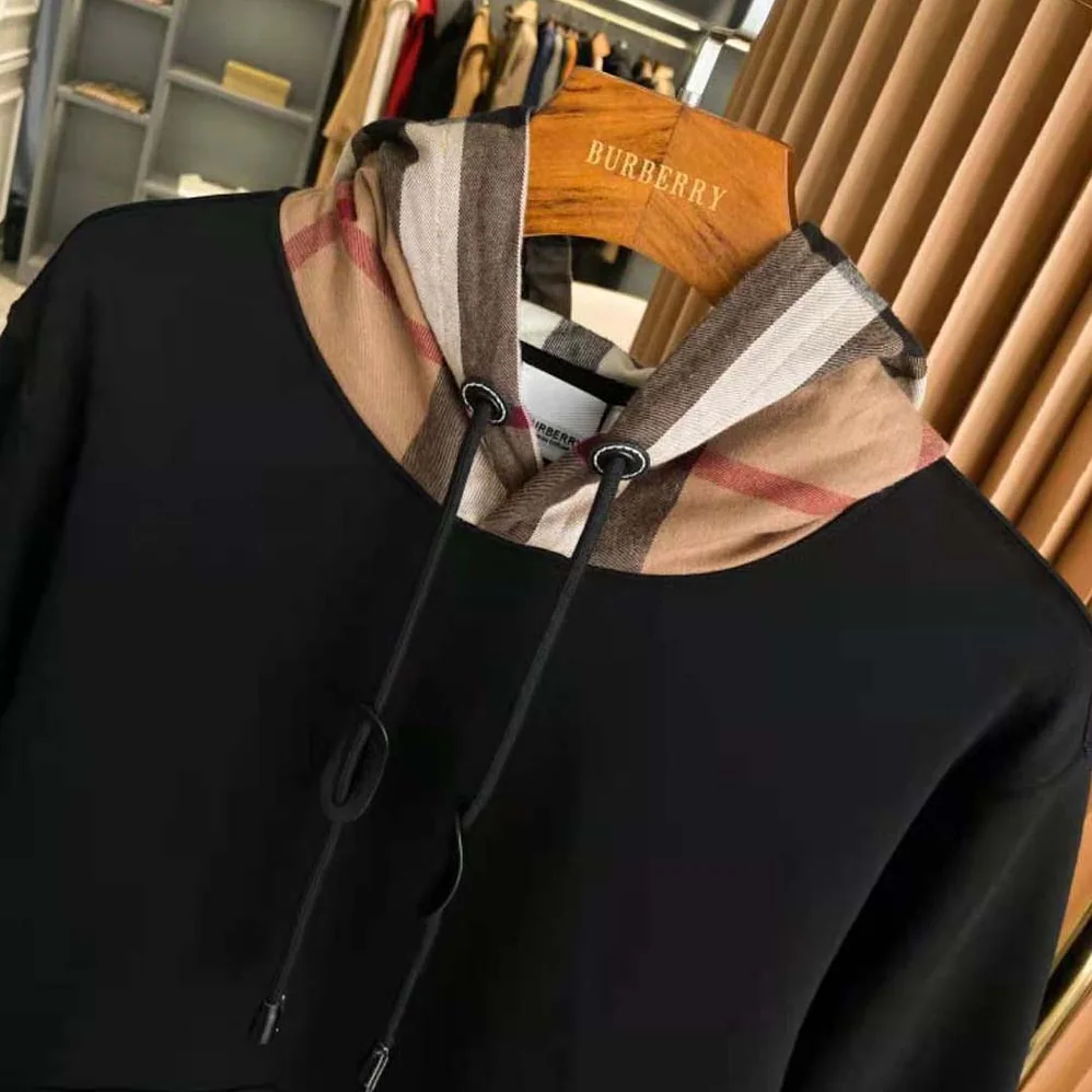 Burberry Check Hood Cotton Blend Hoodie for Men in Black Burberry Check Hood Cotton Blend Hoodie for Men in Black