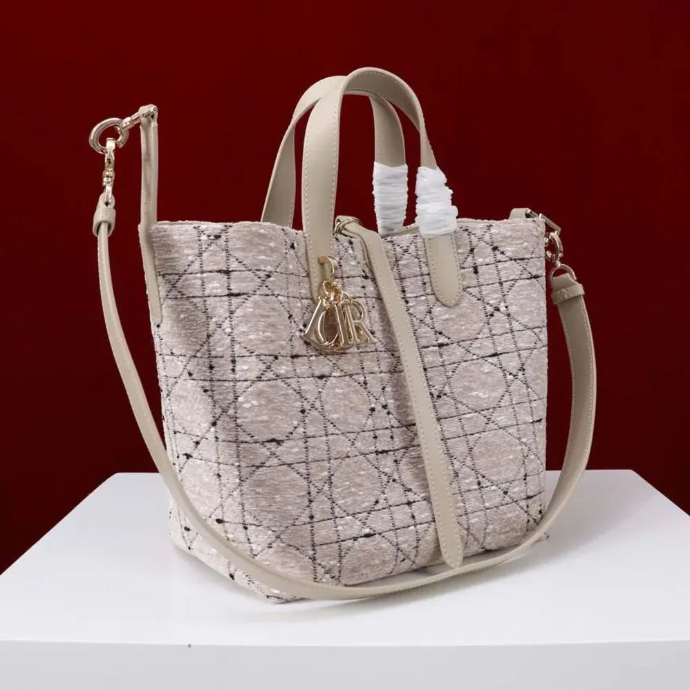 Dior Medium Dior Toujours Vertical Tote Bag Beige Tweed with Black Cannage Motif for Women