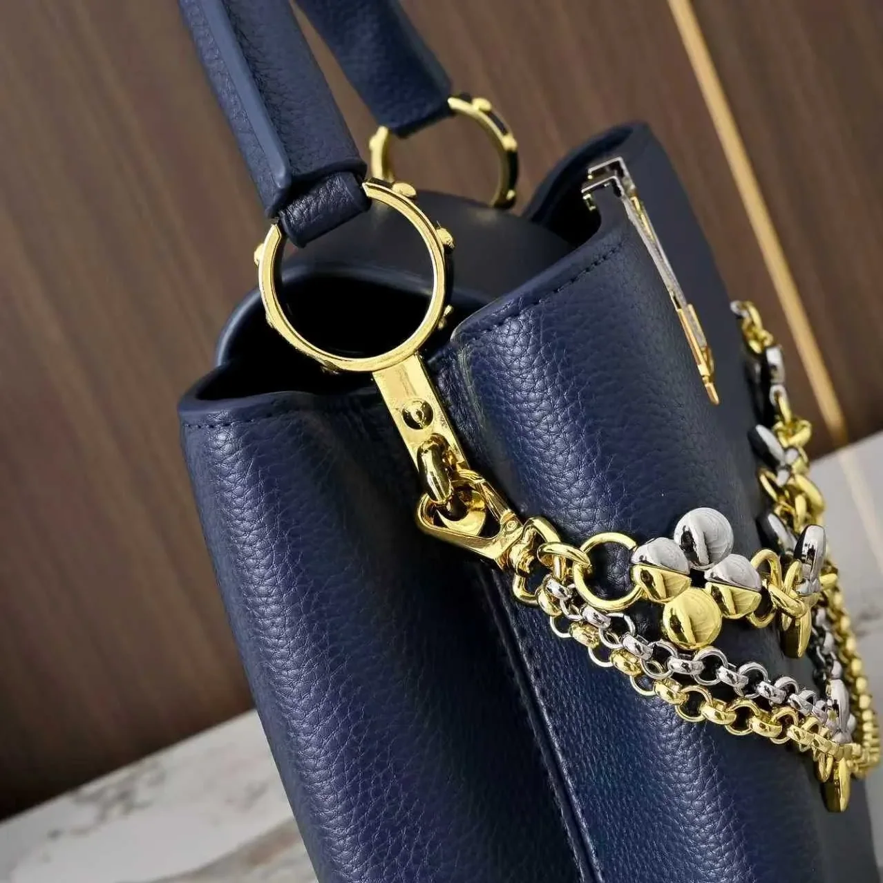Louis Vuitton Capucines BB Top Handle Bag / Navy Blue Silver/ Gold Hardware Louis Vuitton Capucines BB Top Handle Bag / Navy Blue Silver/ Gold Hardware
