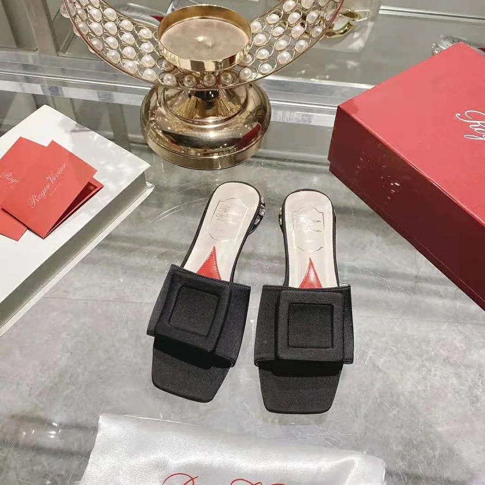 Roger Vivier Strass Heel Covered Buckle Mules in Satin for Women in Black Roger Vivier Strass Heel Covered Buckle Mules in Satin for Women in Black
