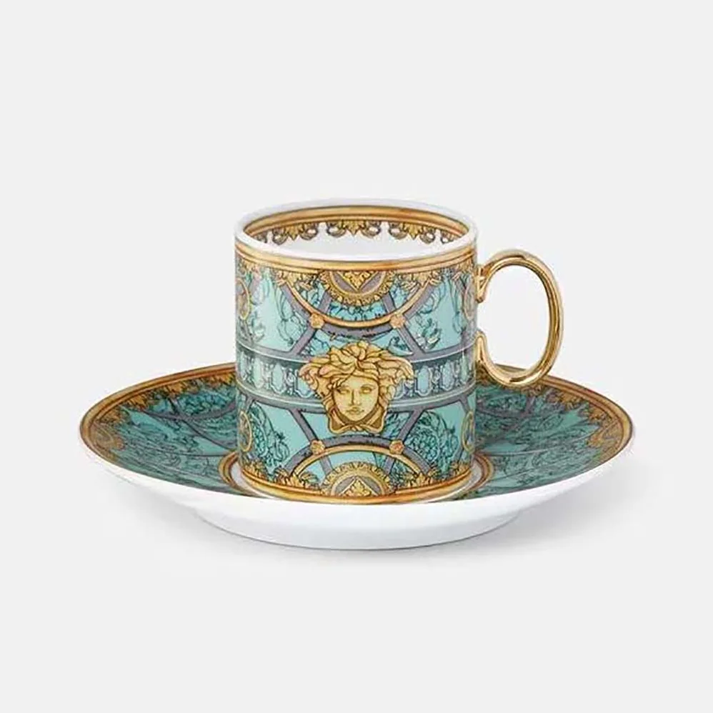 Versace Scala Del Palazzo Coffee Set Includes a Coffee Cup with Handle and a Matching Saucer in Blue