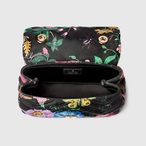 Gucci Marmont Mini Shoulder Bag / Black in Multicolor Flora Gold Hardware