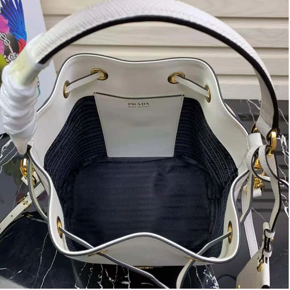 Prada Saffiano Leather Bucket Bag for Women in White Prada Saffiano Leather Bucket Bag for Women in White