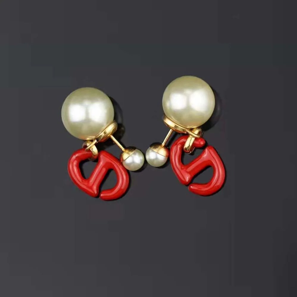 Dior Tribales Earrings Gold-Finish Metal and White Resin Pearls with Raspberry Lacquer for Women