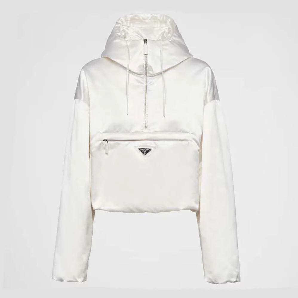 Prada Padded Duchesse Jacket with Enameled Metal Triangle Logo for Women in White