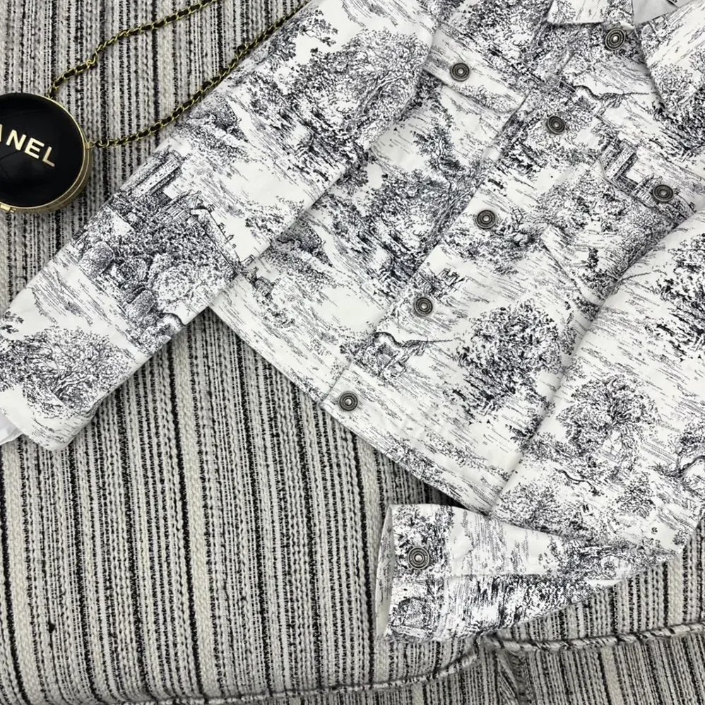 Dior Jacket White Cotton Denim with Blue Toile de Jouy Scotland Motif for Women Dior Jacket White Cotton Denim with Blue Toile de Jouy Scotland Motif for Women