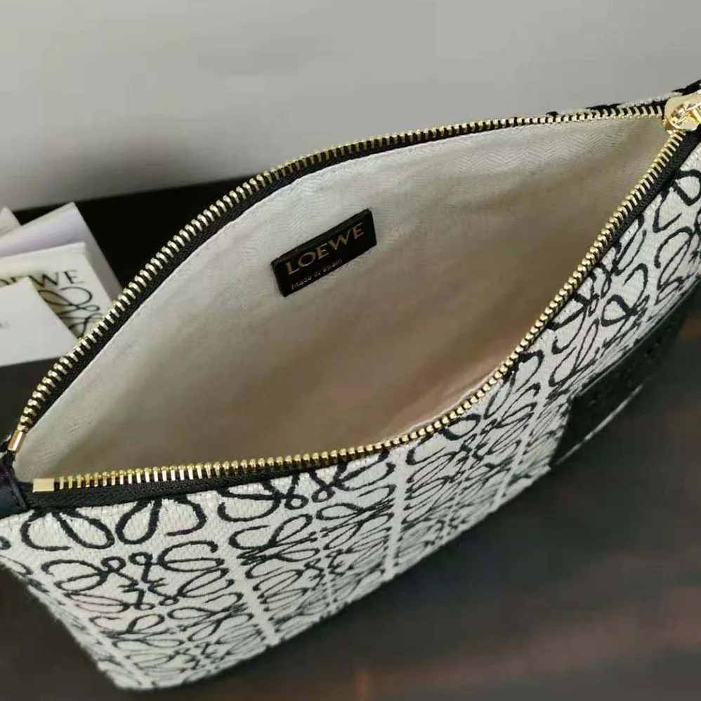 Loewe Oblong Anagram Pouch in Jacquard and Calfskin for Women in Black Loewe Oblong Anagram Pouch in Jacquard and Calfskin for Women in Black