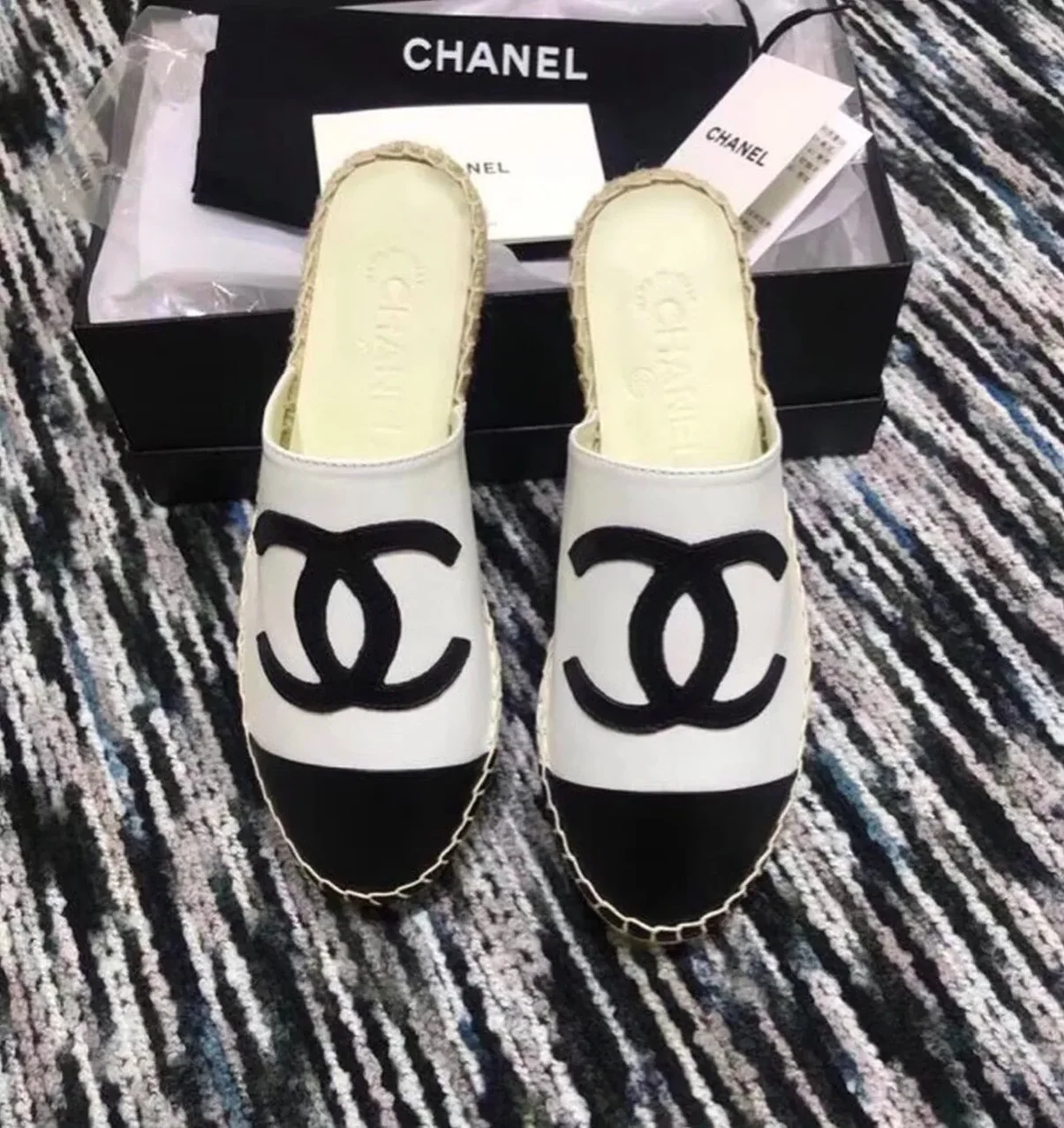 Chanel Mule Espadrille Slides White/Black , Shoes Chanel Mule Espadrille Slides White/Black , Shoes