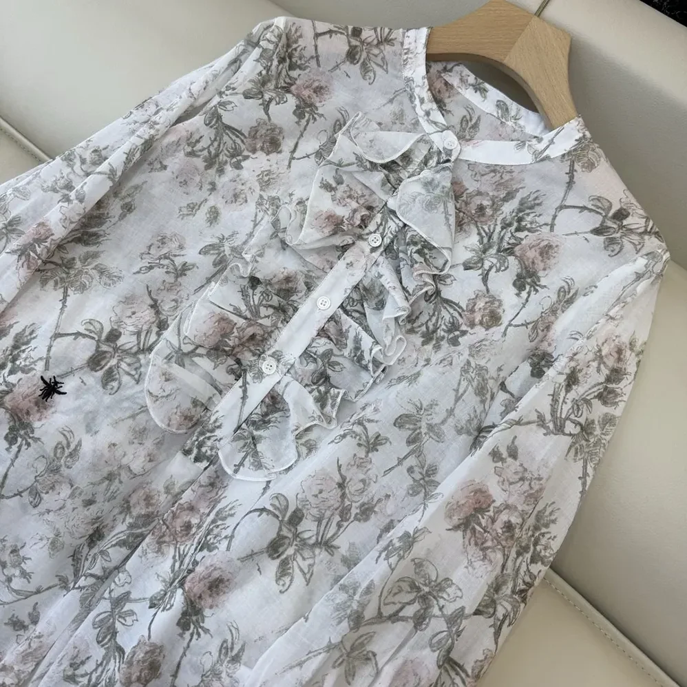 Dior Blouse White Cotton Muslin with Multicolor Rosier de Dior Motif for Women Dior Blouse White Cotton Muslin with Multicolor Rosier de Dior Motif for Women