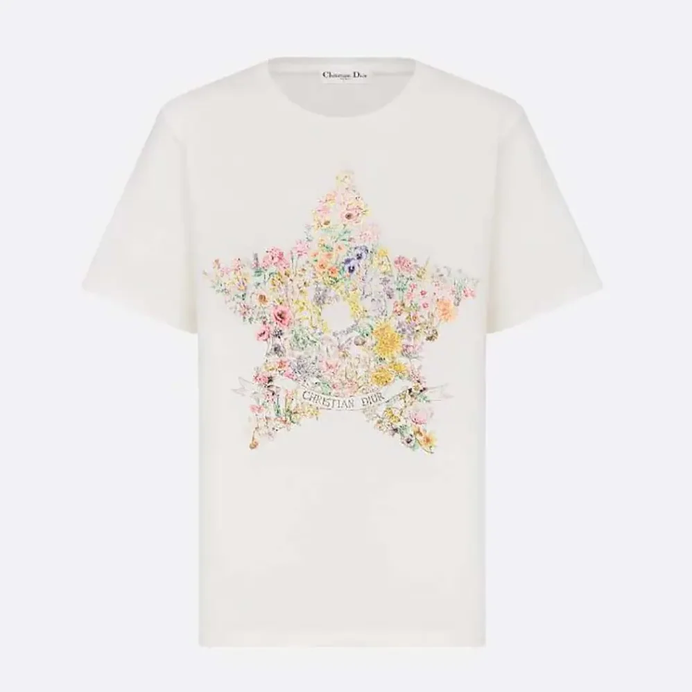 Dior T-Shirt White Cotton and Linen Jersey with Multicolor Dior Star Motif for Women Dior T-Shirt White Cotton and Linen Jersey with Multicolor Dior Star Motif for Women