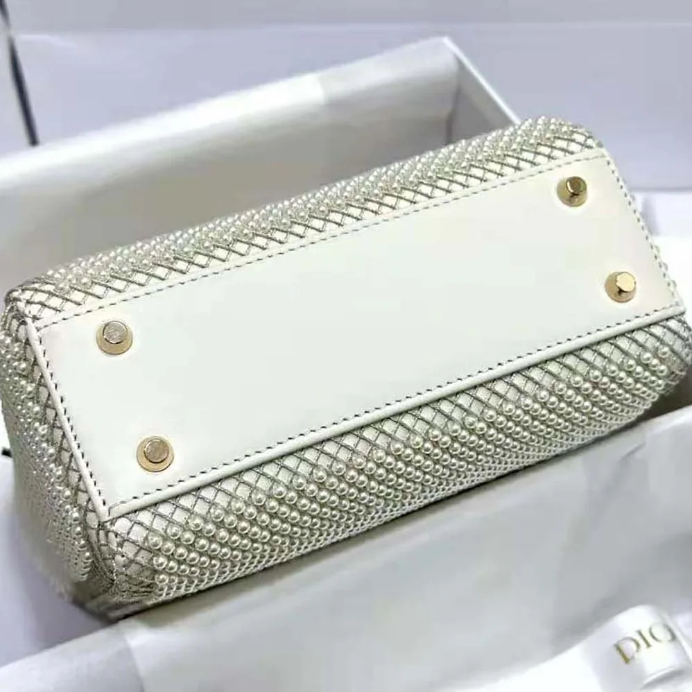 Dior Mini Lady Dior Bag Latte Calfskin Embroidered Entirely with White Resin Pearls for Women