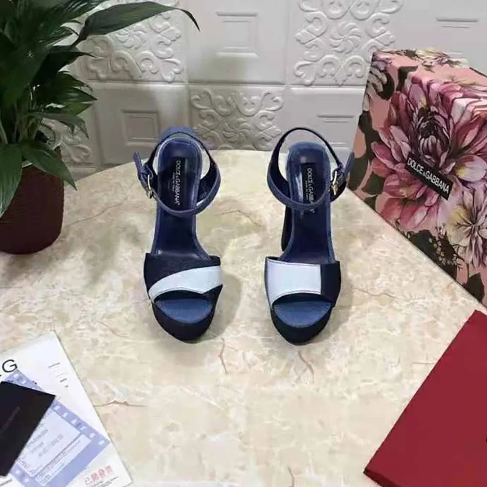 Dolce Gabbana D&G Patchwork Denim Platform Sandals for Women in Navy