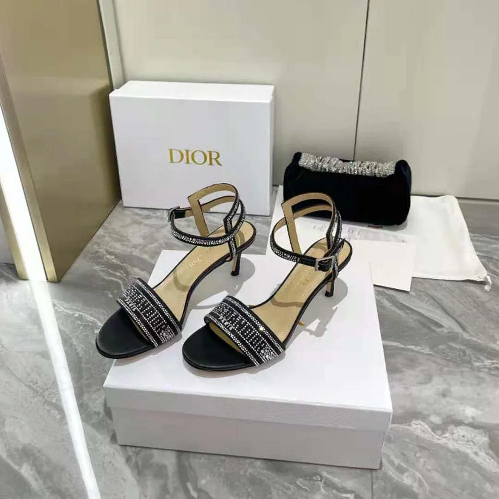 Dior Dway Heeled Sandal Black Cotton Embroidered with Thread and Silver for Women in Tone Strass