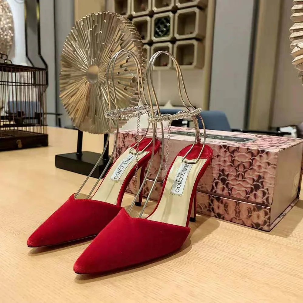 Jimmy Choo Saeda 85 Red Velvet Pumps with Crystal Embellishment for Women Jimmy Choo Saeda 85 Red Velvet Pumps with Crystal Embellishment for Women