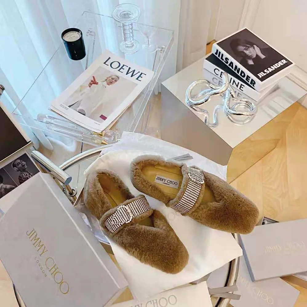 Jimmy Choo Krista Flat Latte Faux Fur Flats with Crystal for Women in Embellished Strap Jimmy Choo Krista Flat Latte Faux Fur Flats with Crystal for Women in Embellished Strap