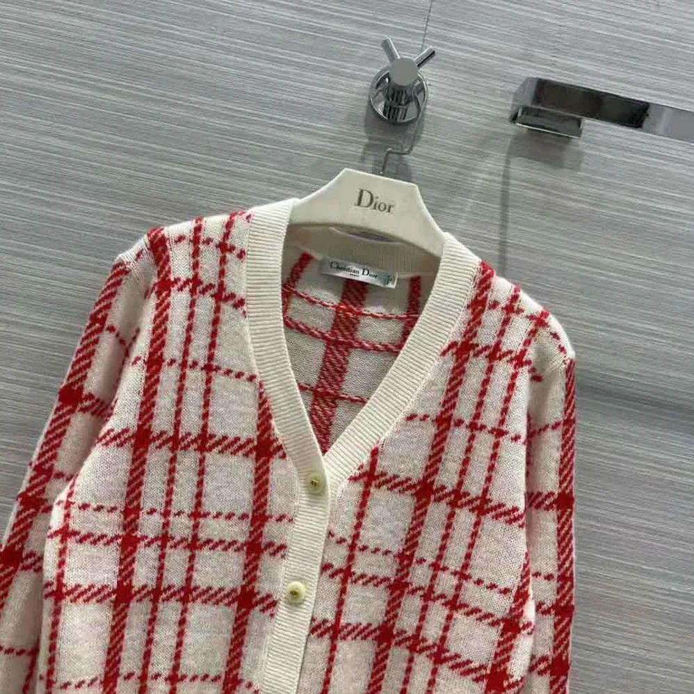 Dior Buttoned Cardigan Raspberry and Ecru Check'n'Dior Pop Technical Wool for Women