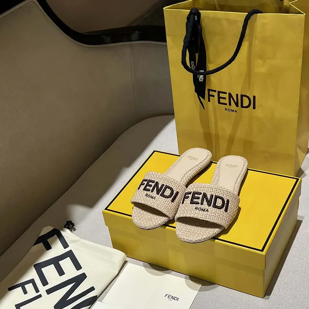 Fendi Signature Beige Cotton Fiber Slides for Women Fendi Signature Beige Cotton Fiber Slides for Women
