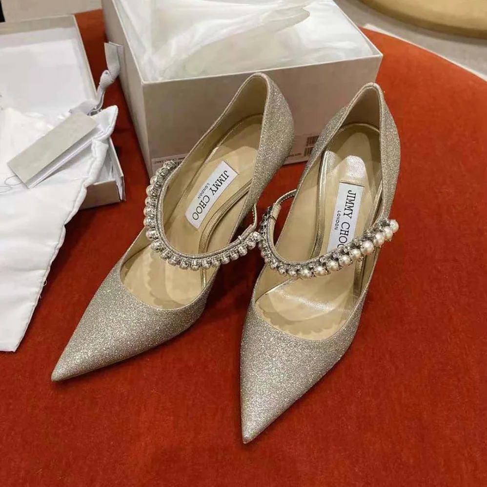 Jimmy Choo Baily 100 Platinum Ice Dusty Glitter Pumps with Crystal and Pearl Strap for Women Jimmy Choo Baily 100 Platinum Ice Dusty Glitter Pumps with Crystal and Pearl Strap for Women