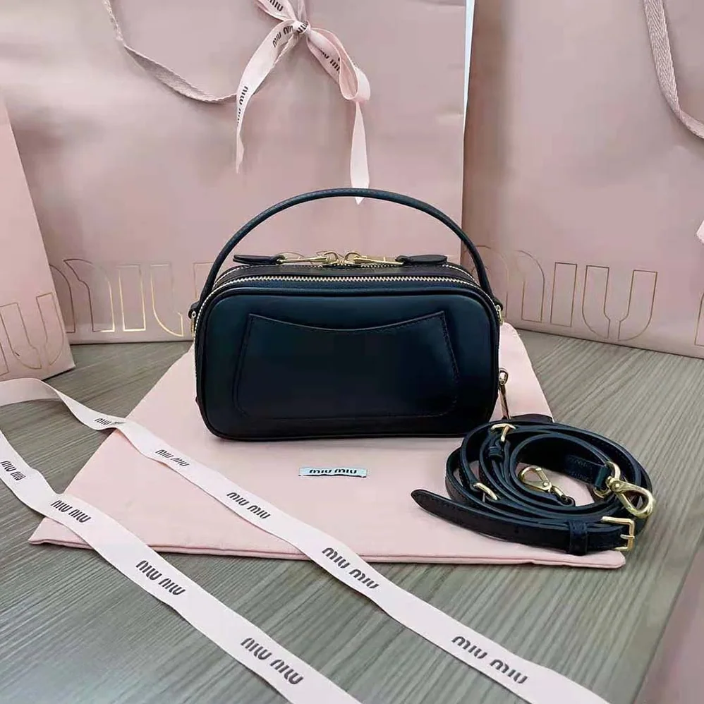 Miu Miu Arcadie Leather Bag with Metal Lettering Logo for Women in Black