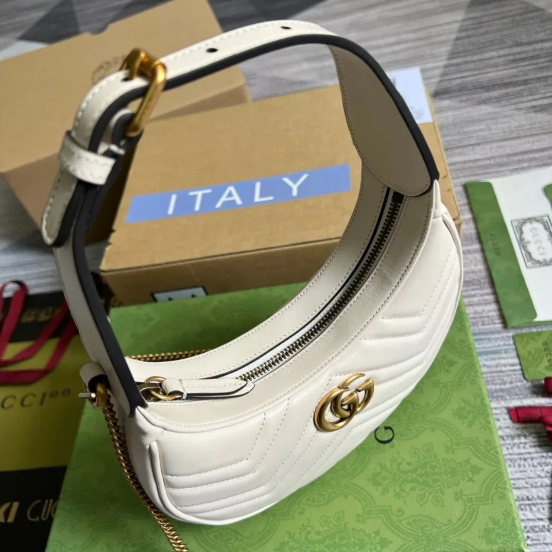 Gucci Marmont Half Moon Shaped Mini Bag in White Gold Hardware