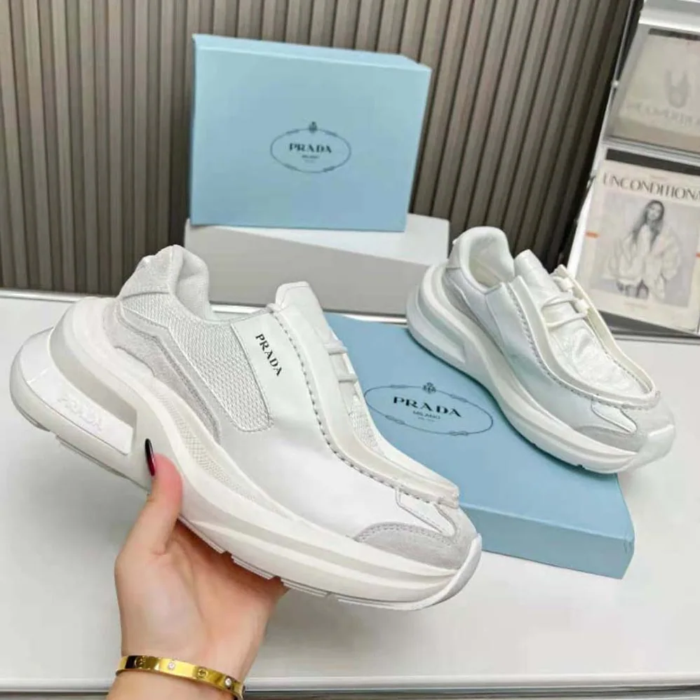 Prada Systeme Brushed Leather Sneakers with Bike Fabric and Suede Elements for Men in White