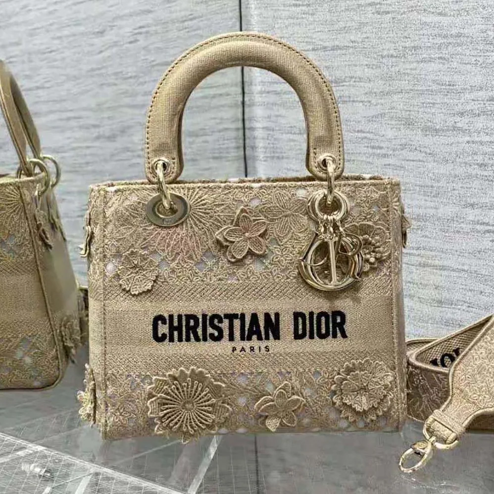 Dior Medium Lady D-lite Bag Natural D-Lace Embroidery with 3D Macramé Effect for Women