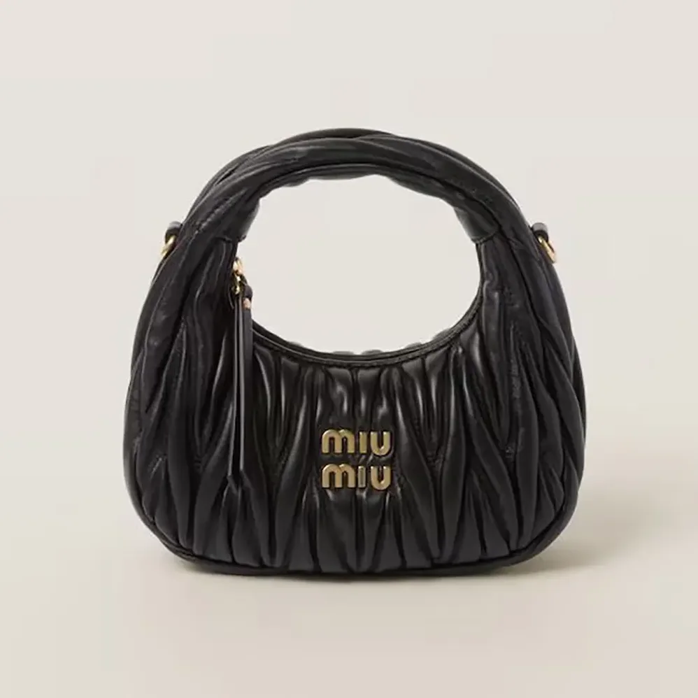 Miu Miu Wander Matelassé Nappa Leather Hobo Mini-Bag for Women in Black Miu Miu Wander Matelassé Nappa Leather Hobo Mini-Bag for Women in Black