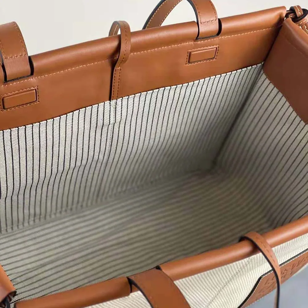 Loewe Cushion Tote Bag in Canvas and Calfskin for Women in Brown