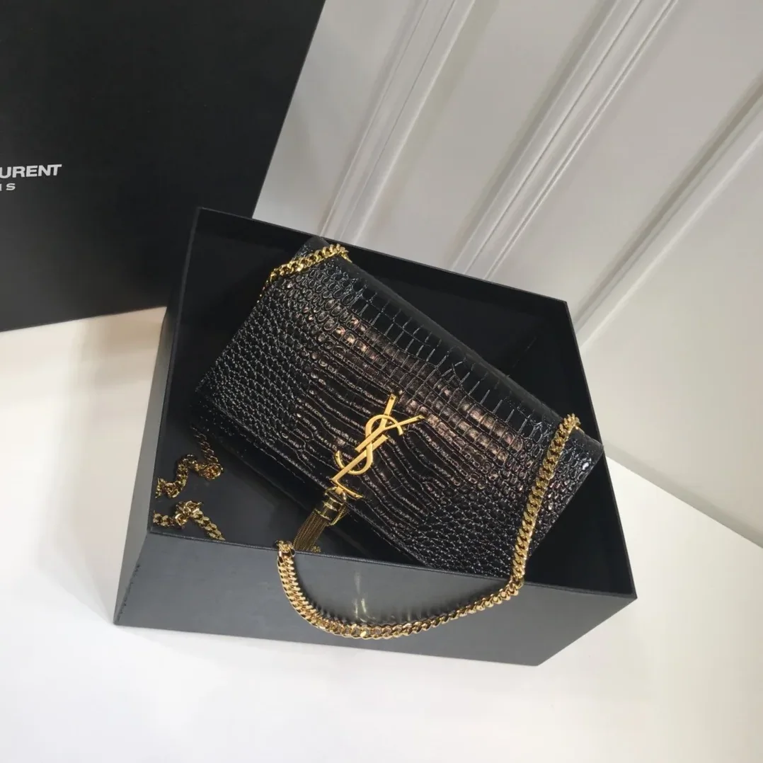 Saint Laurent Kate Medium Chain Bag With Tassel In Embossed Crocodile Black in YSL Saint Laurent Kate Medium Chain Bag With Tassel In Embossed Crocodile Black in YSL