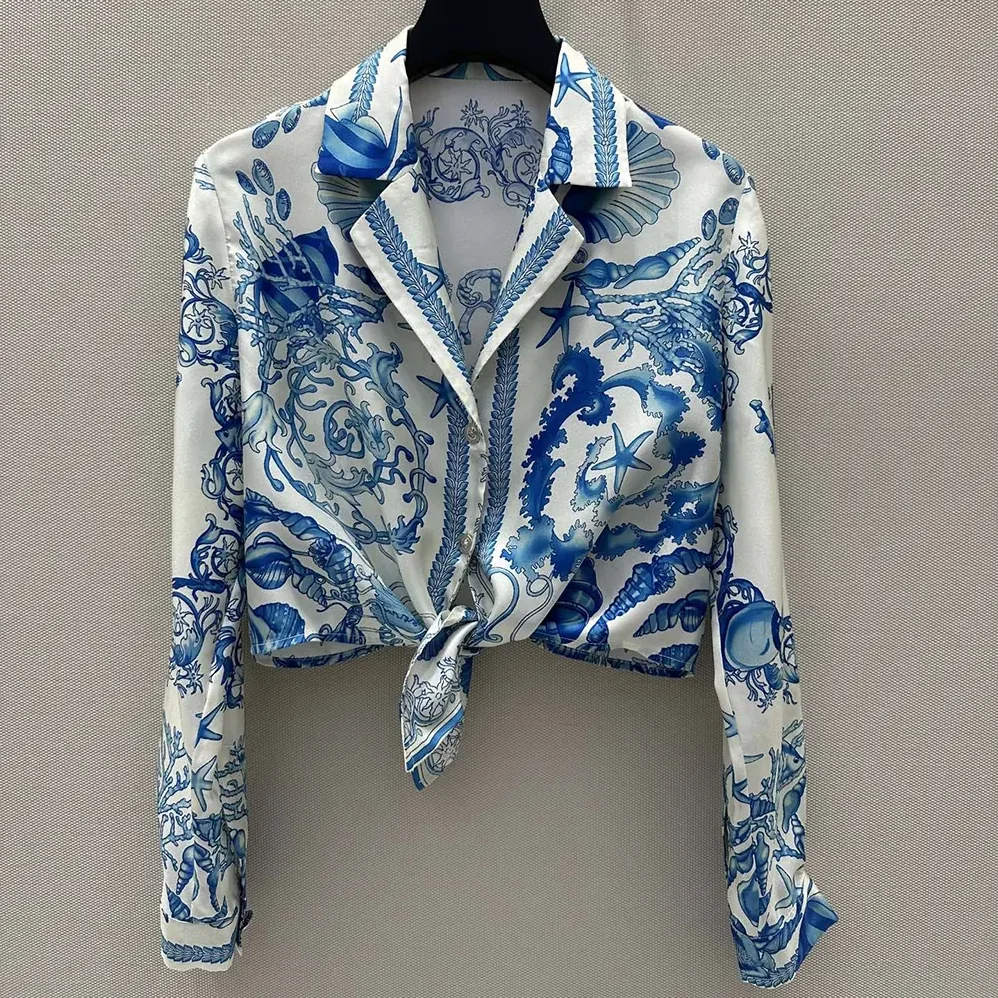 Versace Underwater Barocco Knotted Crop Cotton Shirt for Women