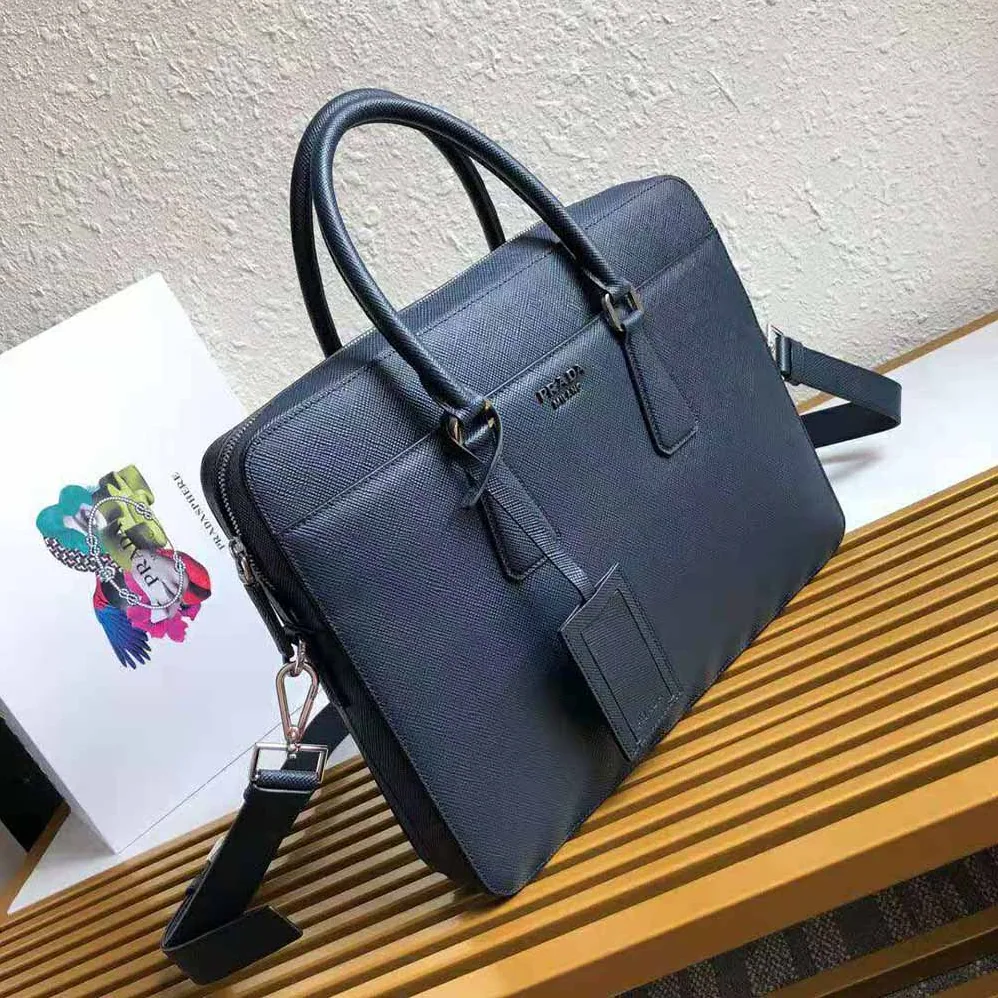 Prada Saffiano Leather Briefcase for Men in Navy