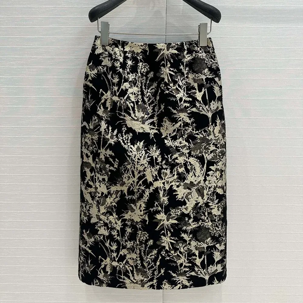 Dior Mid-Length Straight Skirt Black Technical Fabric with Gold for Women in Tone Dior Chardons Motif