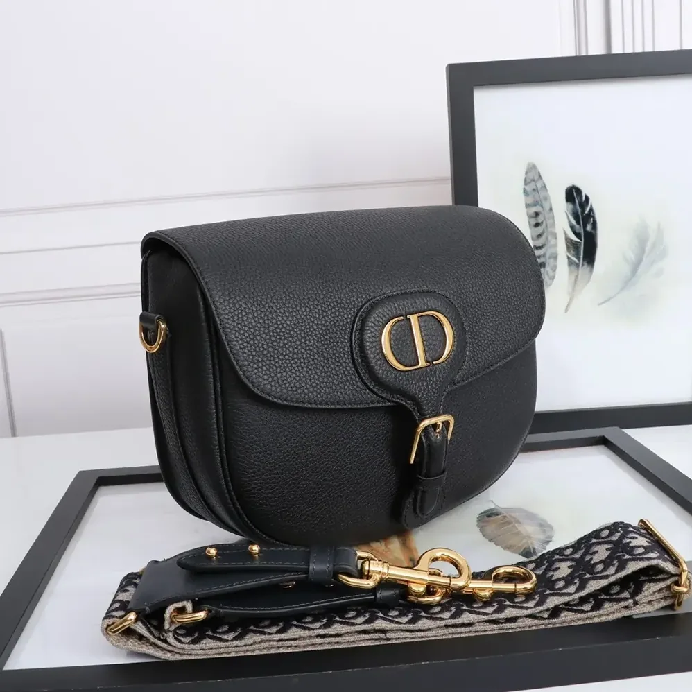 Dior Large Dior Bobby Bag Black Grained Calfskin with Embroidered Shoulder Strap for Women