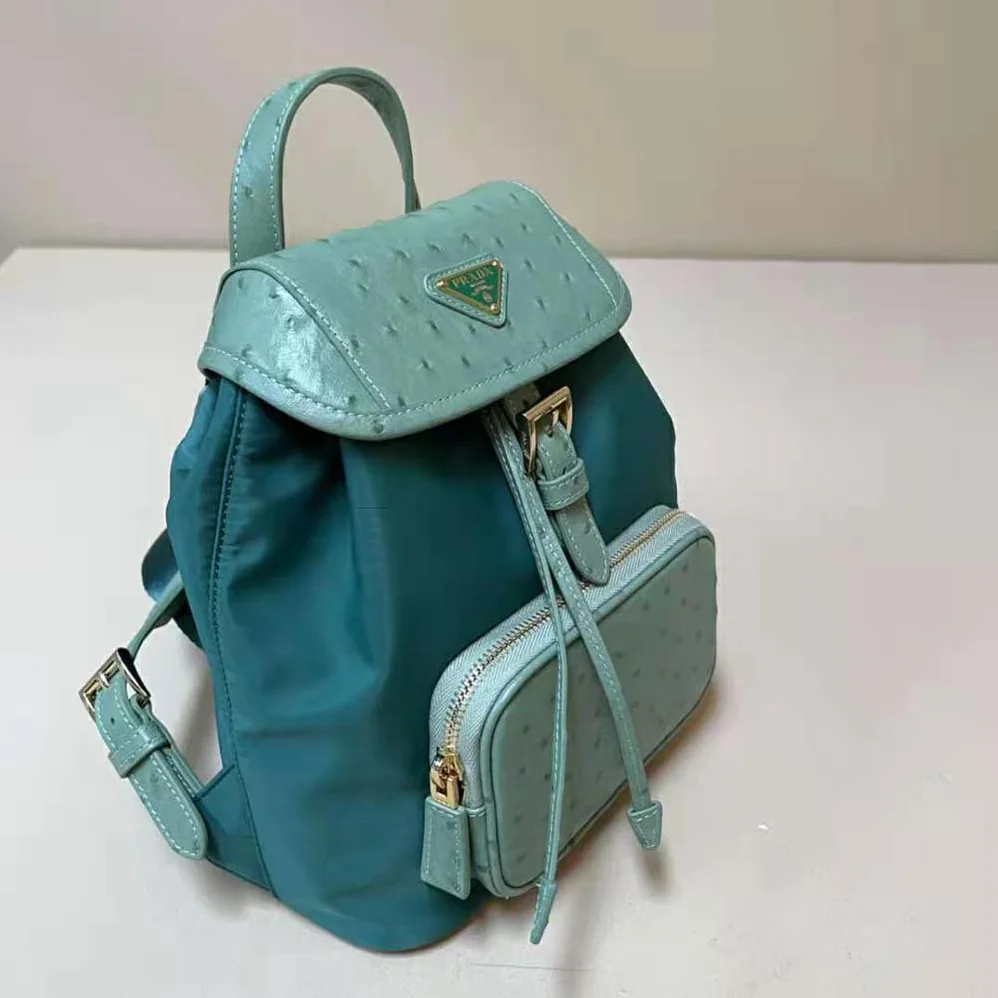 Prada Re-Nylon and Ostrich Leather Backpack for Women in Green