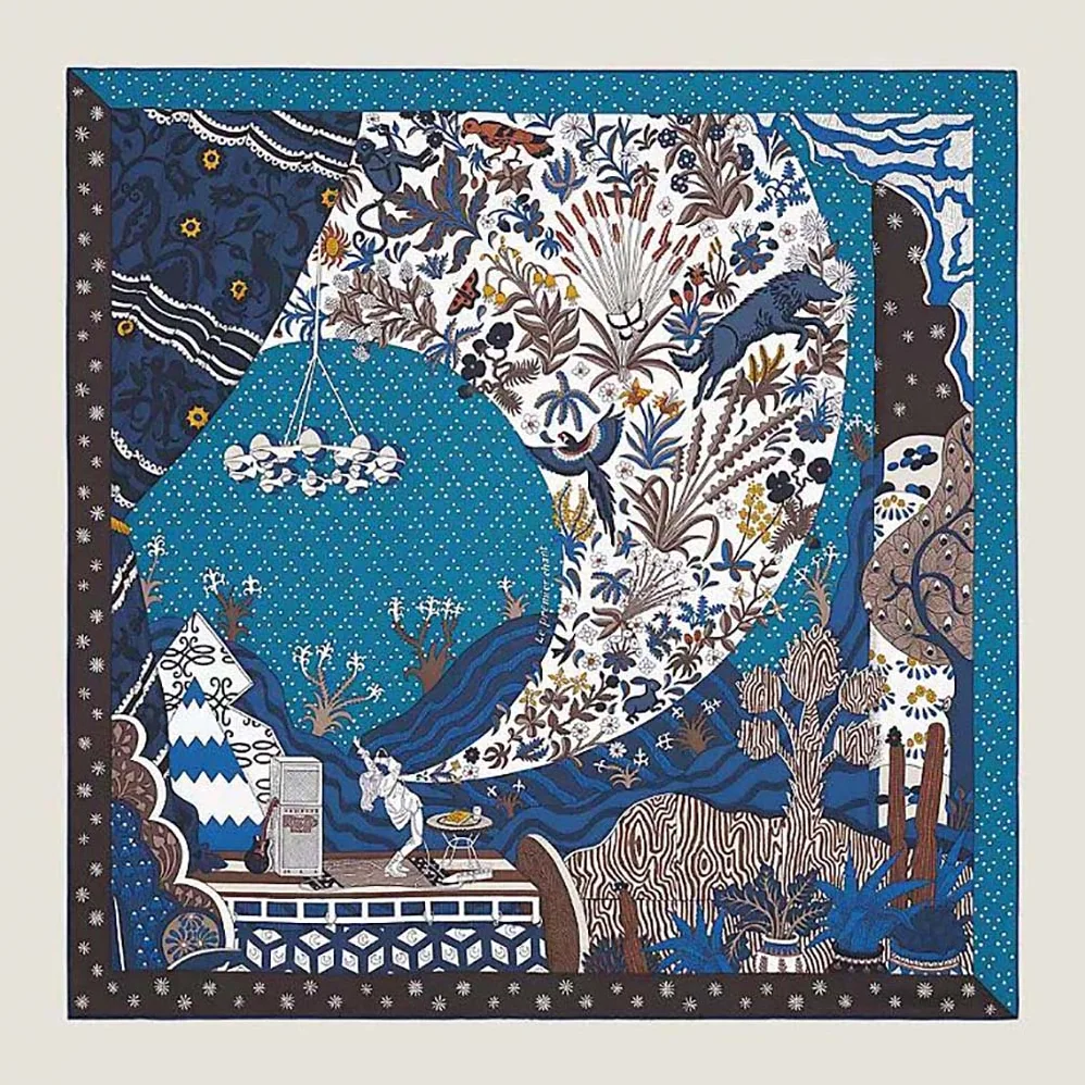 Hermes Le Premier Chant Scarf 90 in Silk Twill with Hand-Rolled Edges for Women in Blue Hermes Le Premier Chant Scarf 90 in Silk Twill with Hand-Rolled Edges for Women in Blue