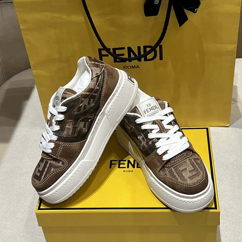 Fendi Match Brown Denim-effect FF Jacquard and Suede Platform Low Tops for Women Fendi Match Brown Denim-effect FF Jacquard and Suede Platform Low Tops for Women