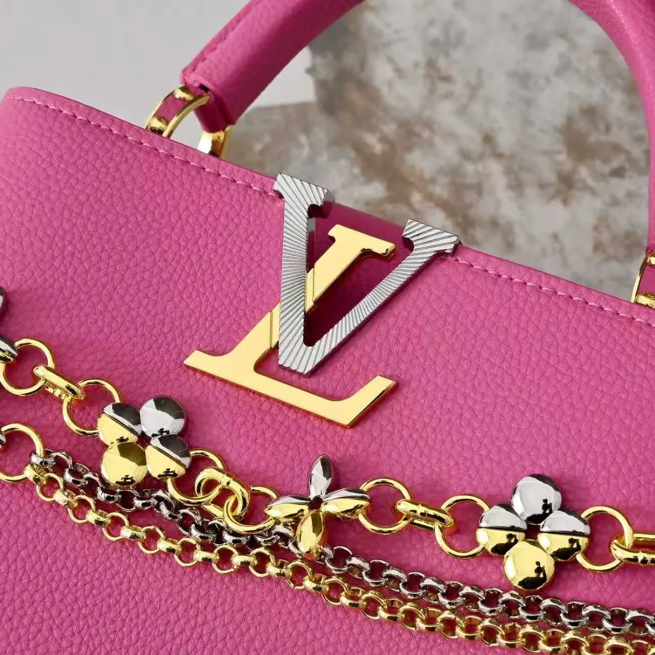 Louis Vuitton Capucines BB Top Handle Bag in Raspberry Silver/ Gold Hardware