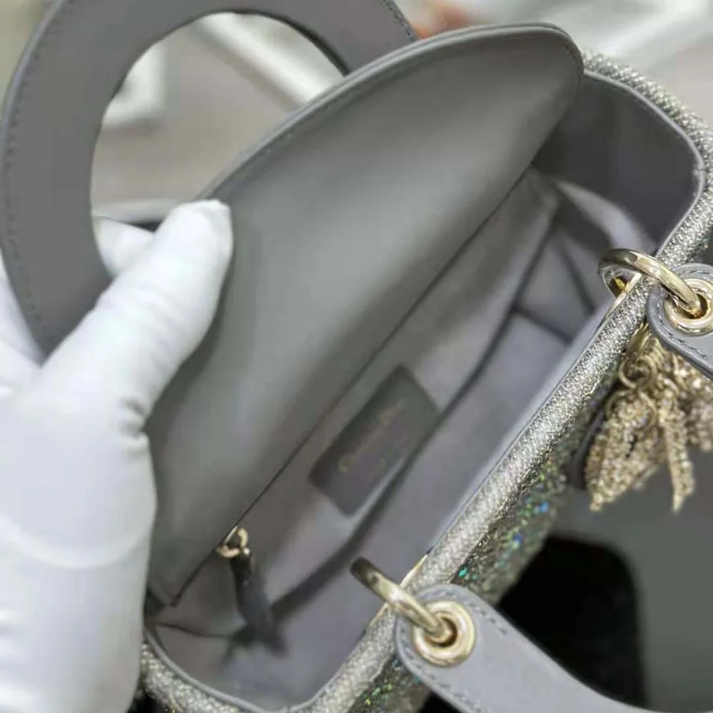 Dior Small Lady Dior Bag Gray Smooth Calfskin and Satin with Bead Embroidery for Women