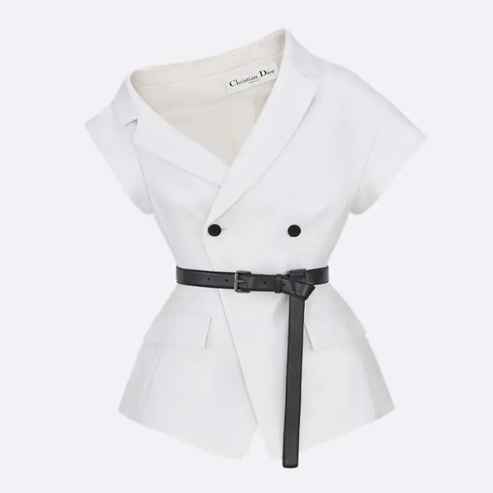 Dior Asymmetric Short-Sleeved Jacket with Belt Ecru Virgin Wool and Silk Grain de Poudre for Women Dior Asymmetric Short-Sleeved Jacket with Belt Ecru Virgin Wool and Silk Grain de Poudre for Women
