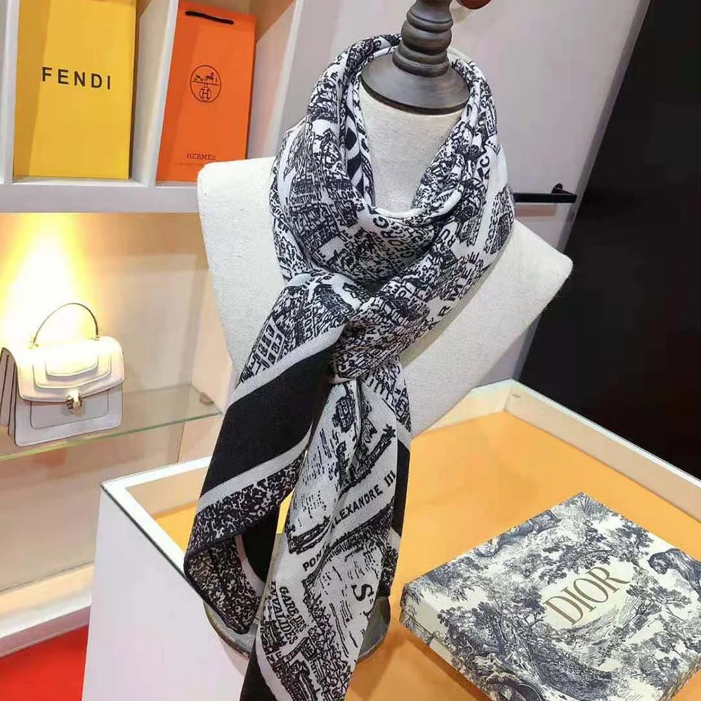 Dior Plan De Paris 90 Square Scarf White and Black Silk Twill for Women